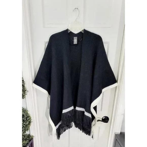 Vince Camuto One Size Women's Pop-Stripe Fringe Wrap Shawl Poncho Black O/S - Picture 2 of 11